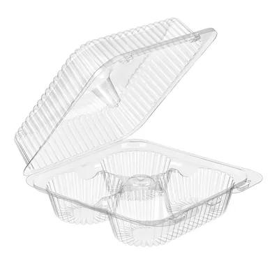 Essentials SureLock Muffin Hinged Container With Dome Lid 7.625X8.063X3 IN 4 Compartment RPET Clear Square 300/Case